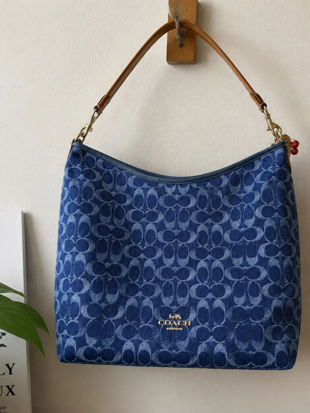 Coach Blue Signature Jacquard Hobo with Tan Leather Strap